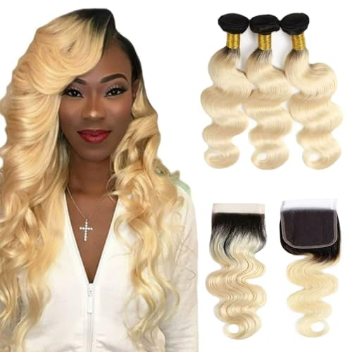 FUIBEJAE Paquetes de cabello humano suelto con ondas profundas de negro a rubio con cierre, extensiones de cabello brasileño virgen de con cierre de encaje para mujeres negras,16 18 20+16closure