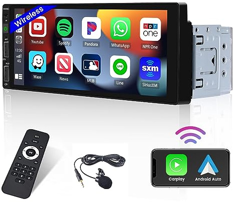 Hikity Autoradio 1 DIN CarPlay Android Auto sans Fil, 6,9 Écran Tactile Autoradio Bluetooth avec Radio FM Lien Miroir Commande au Volant 2USB + Caméra de Recul & MIC