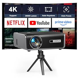 Smart Beamer【Netflix-Fähig & Autofokus/Keystone 】 Full HD 1080P 30000 Lumen Beamer 4K Unterstützung, VOPLLS WIFI6 Bluetooth Heimkino Video/Outdoor Projektor