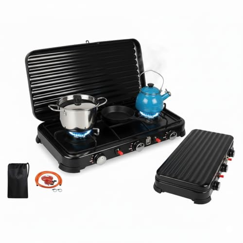Portable Rechaud Gaz, Réchauds de camping 3 Feux 5.4KW, Rechaud Camping Gaz Auto Allumage Piézo, Réchauds de camping pour Extérieur avec Tuyaux 150 cm et Régulateur de 37 mbar (Noir)