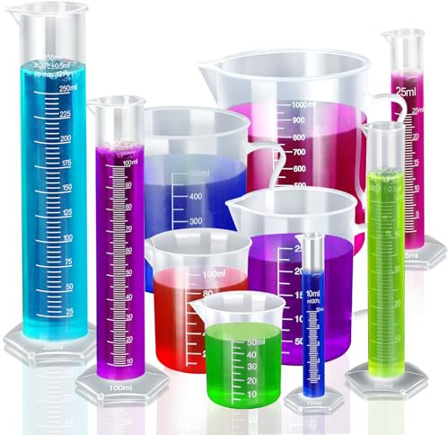 Teenitor Plastic Graduated Cylinders& Plastic Beakers, 5Pcs Plastic Graduated Cylinders 10Ml 25Ml 50Ml 100Ml 250Ml & 5Pcs Plastic Beakers 50Ml 100Ml 250Ml 500Ml1000Ml Clear 10Pcs