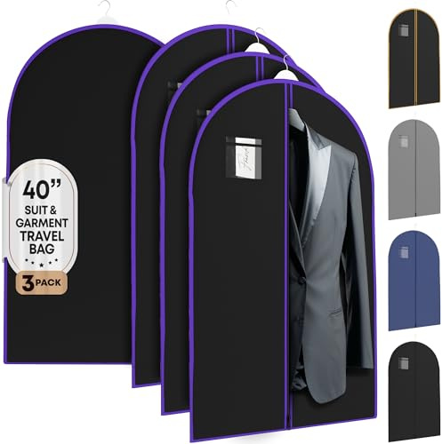 Your Bags Travel Garment Bag – Durable Zippered Single Suit Bag for Storage – Water-Resistant Clothes Cover - Hanging Garment Bags for Travel with ID Pocket – 40 x 24 - Purple (Pack of 3)