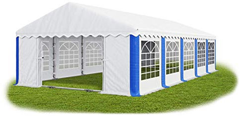 Das Company Partyzelt 5x10m wasserdicht weiß-blau mit Bodenrahmen und Dachverstärkung Zelt 240g/m² PE Plane hochwertig Gartenzelt Summer Plus PE