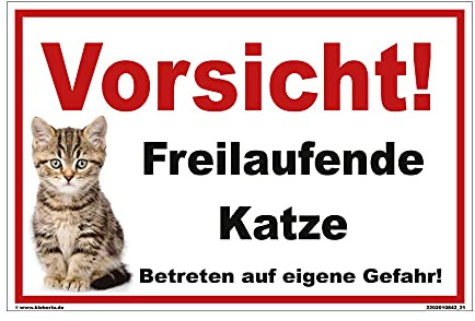 Kleberio Katzenschild „Vorsicht Freilaufende Katze!“ | 2 mm Kunststoff | UV-beständig & wetterfest