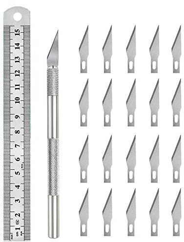 Kit de cuchillos de corte de precisión, incluye 20 cuchillas de repuesto y regla de acero inoxidable para manualidades, trabajos artísticos, manualidades, manualidades, álbumes de recortes