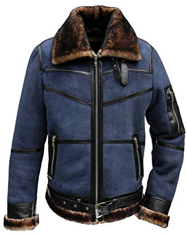 Herren Lammfelljacke B16 Blau Fliegerjacke Pilotenjacke U.S. Air Winterjacke echtes Merino Schaffell Lederjacke Felljacke Fashion Jacke