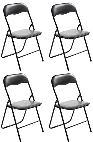 CLP 4er Set Klappstuhl Felix Gepolstert I Küchenstuhl Mit Metallgestell I Kunstleder PVC Sitz Gepolstert I Stühle Klappbar I Campingstühle, Farbe:schwarz/schwarz