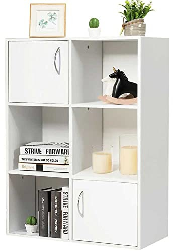 BAKAJI Bücherregal, 6 Regalböden, mit 2 Magnet-Türen und Griff aus Metall, Gestell aus MDF-Holz, modernes Design für Zuhause und Büro, Größe 80 x 6,5 x 29,5 cm (Weiß)