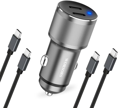 Dual 45W USB C Car Charger, 90W Max Super Fast Charging, All Metal 12V Cigarette Lighter Adapter for iPhone 17 Pro Max/16/15/iPad, Samsung Galaxy S26+/S25, Google Phones with 2 Type C Cable 3.3ft Gray