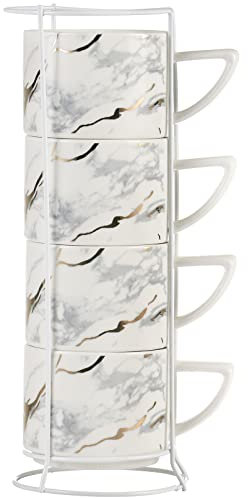 All-Pie Cappuccino Cups Set Tea Mugs 210ML Stackable Set of 4 Ceramics Coffee Cup with Cups Stand (White)