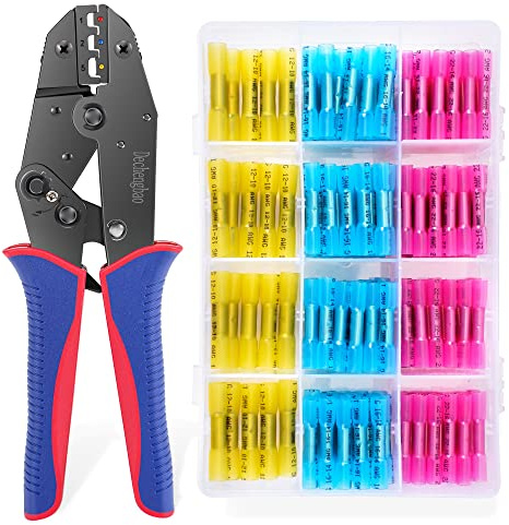 Crimpzange für Schrumpfverbinder mit 200 STÜCK Schrumpf-Stoßverbindern in Marinequalität aus verzinntem Rotkupfer AWG 22-10/0.3-6mm²(200 Crimper kit)