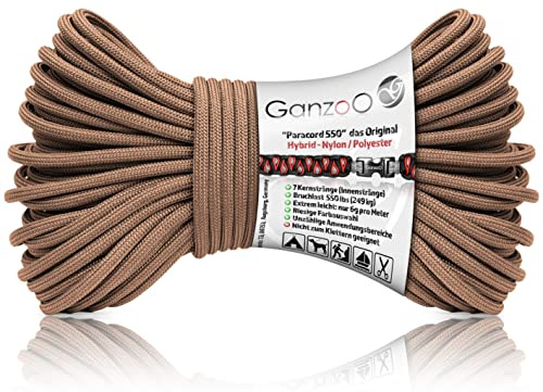 Ganzoo Paracord 550 Seil Hazelnut, 4 mm Typ 3, 30 m Outdoor Kordel, Hybrid Nylon Polyester, 32 Litzen Mantel, 7 Innenstränge, ca. 250 kg Bruchlast, zum Flechten und Knoten für Hundeleine und Halsband