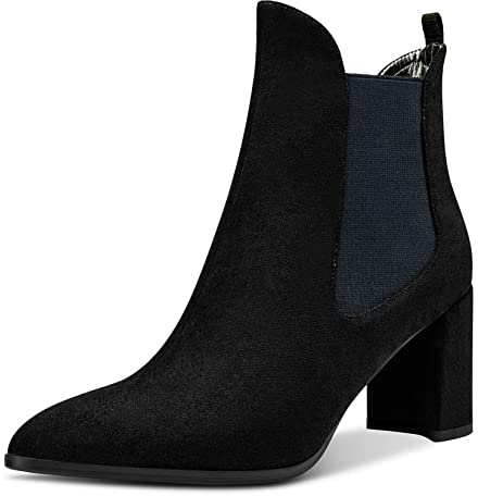 Aachcol Mujer Chunky Ancho Medio Alto High Heel Botines Cerrado el Dedo del pie Puntiaguada Punta Zapatos Ante Negro 7.5 CM 37 EU