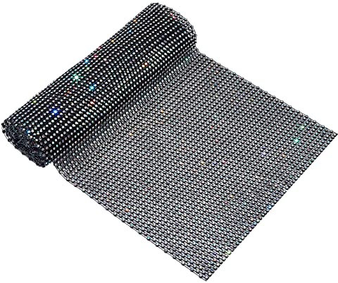 FINGERINSPIRE Tela de malla con diamantes de imitación (negro, 21,6 x 91,4 cm), tejido de malla hueca elástica con brillantes de color AB, tela de malla cortable para redes de ropa, mochilas, forro de