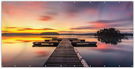 MuchoWow® Balkon Sichtschutz Sichtschutzmatte Balkonbanner Abdeckung für Terrasse Balkon Windschutz Blickdicht Wetterfest 300x130 cm Steg - Sonnenuntergang - Wasser - Meer - Spiegelung