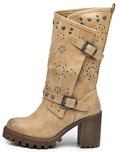 IF FASHION Stivaletti Tronchetti Da Donna Con Tacco Grosso Plateau Borchie Pelle Sintetica G669 beige N.40