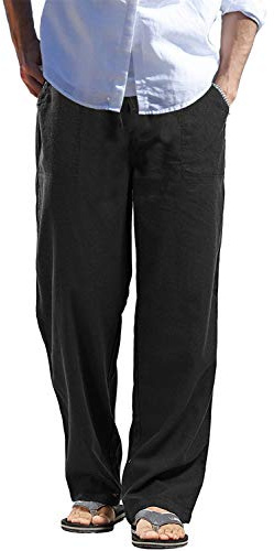 perdontoo Herr dragsko sommar strand lösa byxor linnebyxor casual med elastiskt midjeband, Svart, L