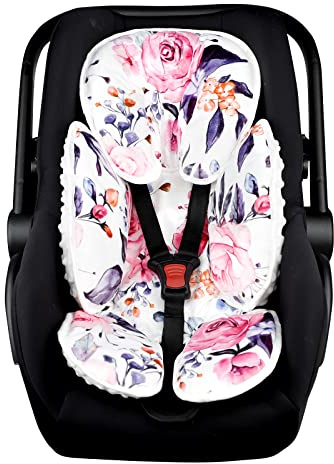 Pea Pod Baby Car Seat Head Support for Newborn, 2 in 1 Infant Car Seat Head Body Support for Girls Extra Soft Breathable Baby Car Seat Cushion Insert for Strollers, Swings, and Bouncers, Pink Floral
