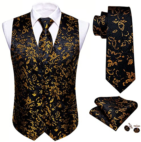 Barry.Wang - Gilet da uomo con motivo paisley, in jacquard floreale, in seta, con scollatura a V, per smoking e abito da sposo, completo di cravatta, fazzoletto da taschino e gemelli per polsini, Nero