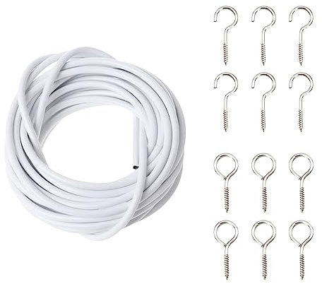 Pamtns Spannfix Gardinenspirale 5M Gardinenseil Vorhangdraht Weiß Gardinendraht Vorhangseile Spannseil Gardine Gardinenschnur Kunststoffbeschichteter Gardinenseil mit 6 Schraubenösen und 6 Haken