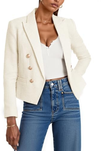 Cicy Bell Women Cropped Tweed Blazer Jackets Lapel Open Front Long Sleeve Business Suit Jackets with Pocket White