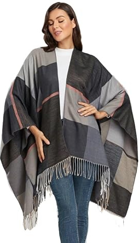 LA FERANI Designer Poncho dam beige grå cape överkast ull rock 150 x 130 ullponcho vintage stil, GRÅ, one size