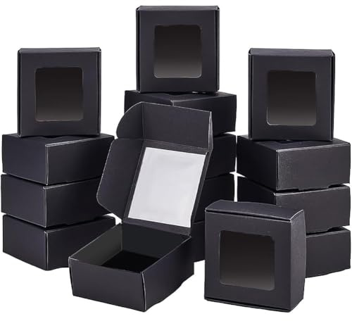 BENECREAT 100 Packung Schwarze Kraftpapierboxen Mit Klarem Fenster, 65x65x30 mm Starke Geschenkverpackung Für Jubiläen, Geburtstage, Hochzeiten, Graduierung
