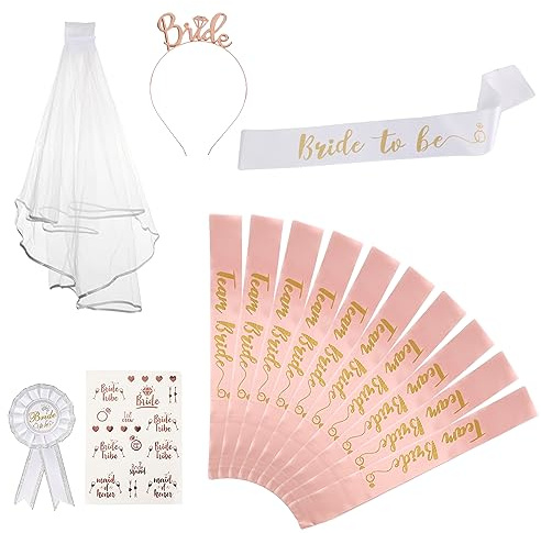Domkan Junggesellenabschied Frauen,15PCS Bride to Be und Team Bride Schärpe Set mit 10 Team Bride Schärpe, 1 Braut Schärpe, Bride to Be Deko Schleier, für Junggesellinnenabschied…