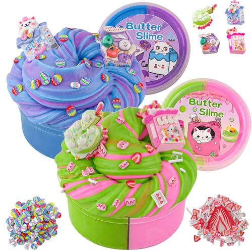 LAWOHO Butter Slime Set -2X120ml Fluffy Butter Schleim mit 6 Packungen Slime Add-Ins, Kinder Schleim Selber Machen Set, Schleim Kinder Set für Mädchen Jungen Halloween Weihnachten Geschenke(Desserts)