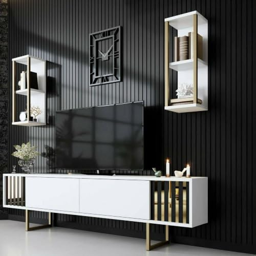 Dmora - Mobile porta TV Eunomia, Credenza da soggiorno, Armadio basso per TV, Base parete attrezzata, 180x30h48 cm, Bianco e Nero