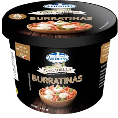 Burratinas Toscanella Central Lechera Asturiana 200g (4x50g) – Fresco, Cremoso y Perfecto para Ensaladas, (Envío Refrigerado) (4 BOTES DE 4X50G (200g))