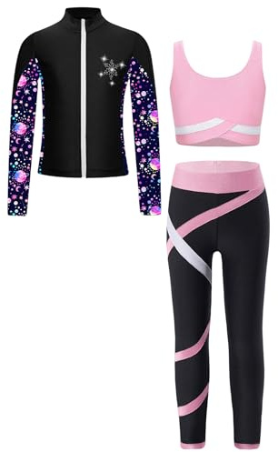 Jhaoyu Spor Set Mädchen Trainingsanzug 3tlg Jogginganzug Sport BH Und Leggings Set Mit Sweatjacke Kinder Gym Fitness Laufen Yoga Workout Outfit Rosa 134-140