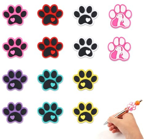 14pcs Perles en Silicone, Mignonnes Empreintes de Pattes Perles d'Espacement Breloques Perles Focales en Silicone pour Stylos à Perles Fabrication de Porte-Clés Bricolage Bracelet Artisanat