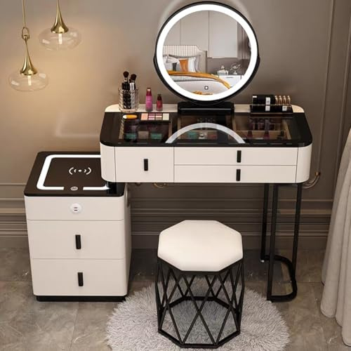 Tavolo da Trucco con Specchio,Tavolo da Trucco Moderno,Toilette Trucco con Sgabello Imbottito,Set da Toeletta per Toeletta,3 Colori Luminosità Regolabile con Tocco,per Camera da Letto Ragazze(Black an