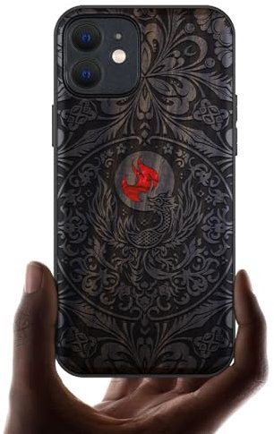 Carveit Coque Magnétique pour iPhone 12 Étui de TPU, Gravure en Bois et Incrustation de Coquille Cover Compatible Magsafe avec 12 Coque (Bois Sombre-Phoenix en symétrie)
