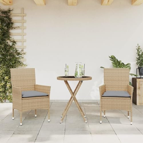 Xichuzi 3-TLG. Bistro-Set mit Kissen Beige Poly Rattan und Glas, Gartenset Tisch Und Stühle, Balkon Möbel Für Kleinen Balkon, Terrassenmöbel, Balkonset, Balkonmöbel - 3278751