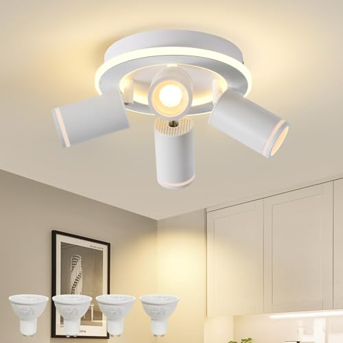 MYCUL Deckenstrahler Runde 4 Flammig 22W+4x5W GU10 Spots,Warmweiß,Weiß | Schwenkbar 350°,Deckenstrahler mit unteres Glühen,Deckenspot strahler,Modern Deckenlampe,Spotleuchte für Küche,Wohnzimmer