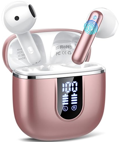 Auriculares inalámbricos, Bluetooth 5.4 con 4 micrófonos ENC HD inmersivos, cancelación de ruido, 40 horas de autonomía, USB-C, certificación IP7, para Android/iOS, control táctil, LED (oro rosa)