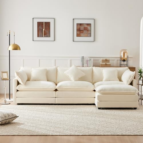 Zepneiy Dreisitzer-Sofa im modernen Design, Chenille-Stoff, Ecksofa in L-Form mit Fußstütze, geeignet für Wohnzimmer und Schlafzimmer, Beige