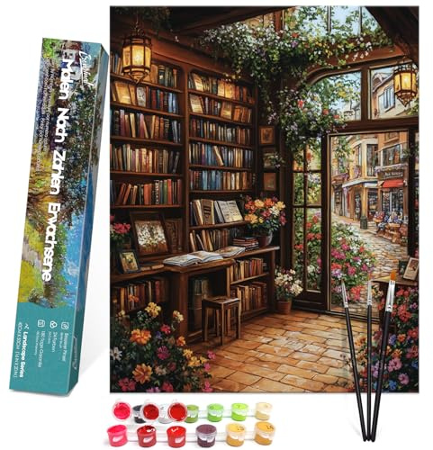 Bougimal Pintura por Números Adultos Paisaje con Pinceles y Pinturas Acrílicas - 40 x 50 cm, Sin marco, Biblioteca 2