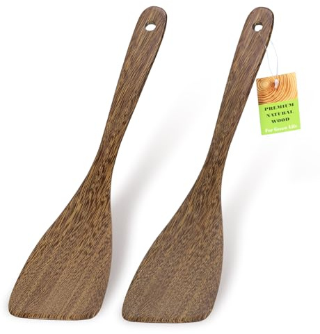 Ecavria 2PCS Wooden Spatula, 12.8IN Wood Flat Frying Spatulas, Long Handle Wood Turner Spurtle for Non-Stick Cookware, Multipurpose Wooden Kitchen Utensils, Healthy, Sturdy & Heat-Resistant