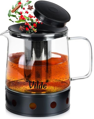 Vilde Glaskanne Teekanne Teebereiter aus Glas mit Edelstahlsieb und | Stövchen hitzebeständig 1,5 L