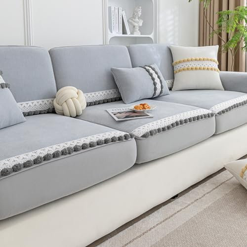 Reyox Dicker Sofabezug mit Pompon, Süßer Stretch Couch Überzug mit Gummizug, Weiche Sofabezüge für Wohnzimmer, Grau, Sitzbezug (70x80cm)