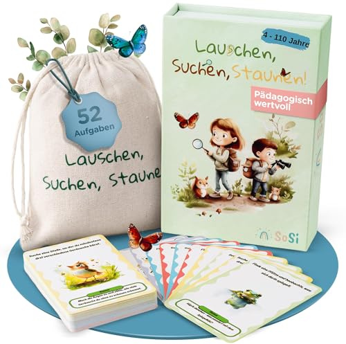 SoSi Entdeckerkarten Natur Suchspiel für Kinder 58 Karten | Montessori inspiriert, inkl. Suchaufträge Bonusaufgaben Naturfakten, Wald Feld Berge, Schatzsuche, Entdeckerabzeichen