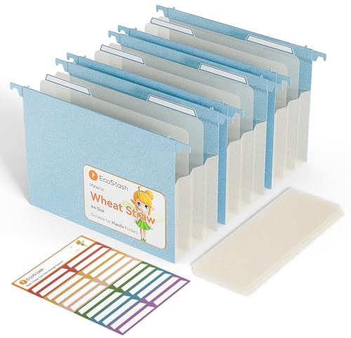 EcoStach Dossiers Suspendus A4, en paille de blé, organiseur de dossiers suspendus avec onglets et inserts pour bureau, maison et école (lot de 3, Bleu)