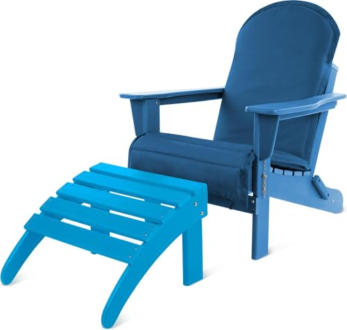 Original Adirondack Muskoka Gartenstuhl in Holzoptik aus extra stabilem und langlebigem recyceltem Material - Faltbarer Gartensessel mit Fußstütze und Auflage Terrassenstuhl Blau Einheitsgröße
