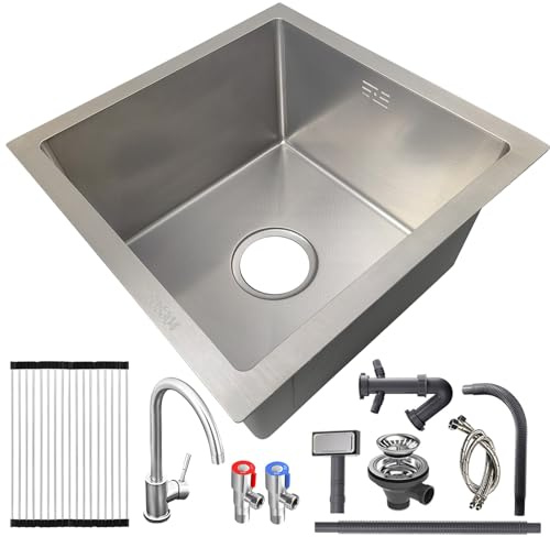 Grande Fregadero Cocina,Fregadero Cocina 1 Seno,Fregadero Acero Inoxidable Cepillada Cuadrado Con Sifón Y Rebosadero,Fregadero Bajo Encimera O Sobre Encimera, Escurridor Plegable(Silver-a,45x45cm)