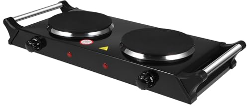 OSALADI Portable 2000w Electric Stove with Dual Cast Iron Hot Plates, Black Countertop Double Burner Electric Cooktop with Handle for Home Cooking, Uk Plug Compatible