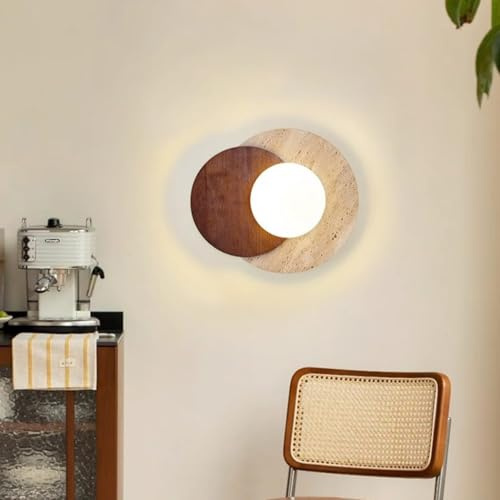 Lfoute Gelbem Travertin Wandlampe Kreative Wabi-Sabi Wandleuchte Vintage Holz Lampe Innen Wandbeleuchtung Für Schlafzimmer Wohnzimmer Esszimmer Eingang Korridor Cafe Flur Nachttischlampe(Braun)