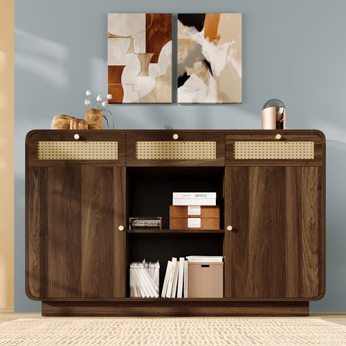 LAKFEW Aparador Salon Entrada Armario Cocina con 3 Cajones y 2 Puertas, Aparadores para Salon con Estante Ajustable, Mueble Auxiliar Mueble Aparador para Salón y Pasillo, 120x40x85 cm, Color Nogal